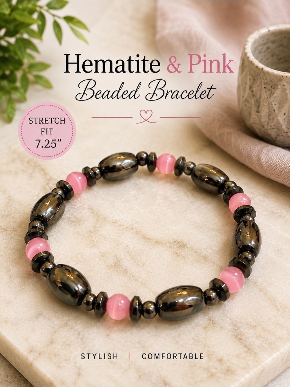 Hematite & Pink Cat’s Eye Beaded Stretch Bracelet
